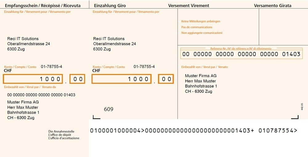 Dies ist ein oranger Einzahlungsschein mit Referenznummer. Es sollte darstellen, wie die ESR Einzahlungsscheine aussehen, welche das ESR Plugin erstellt.
