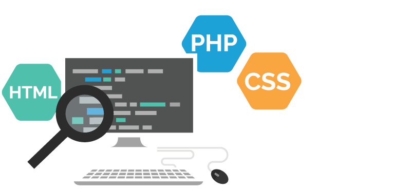 Eine skizzenhafte Darstellung eines Bildschirm-Monitors mit den Icons Html, PHP und CSS. Dient als dekoratives Element zum Text über Webentwicklung.